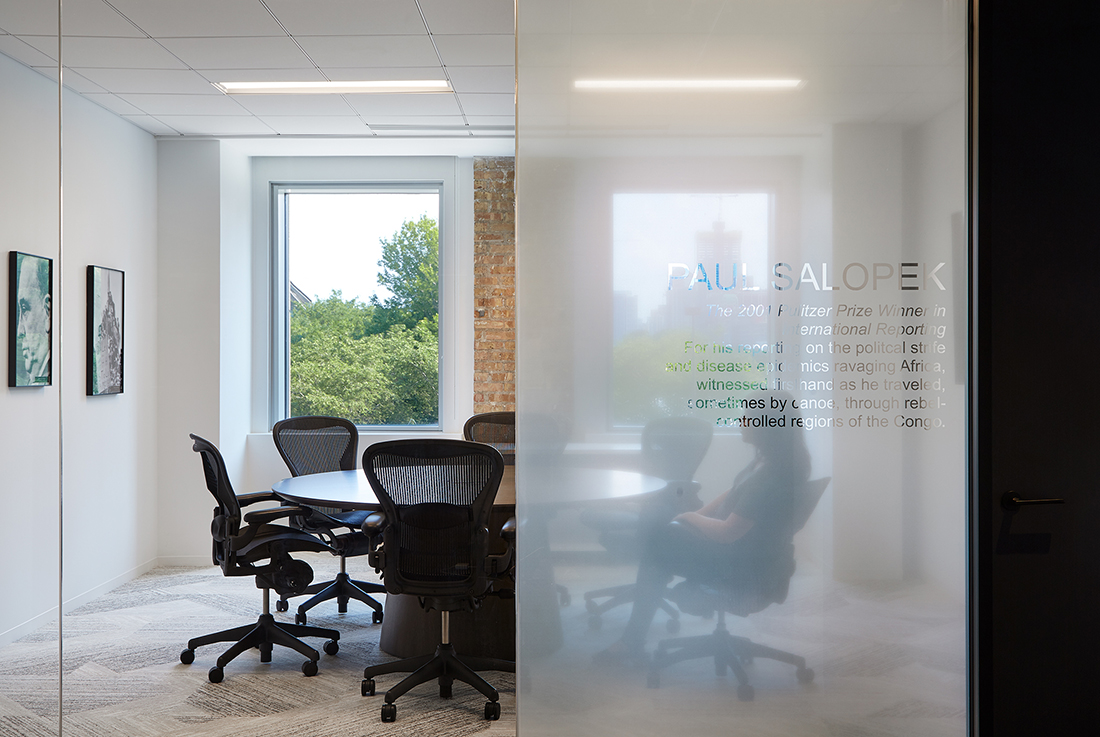 Preview of Flow | Meeting Table | Round Zinc Walnut Veneer Top | Veneer Cone Base | Chicago Tribune | Kendall (McCaugherty) Ristau © Hall+Merrick Photographers
