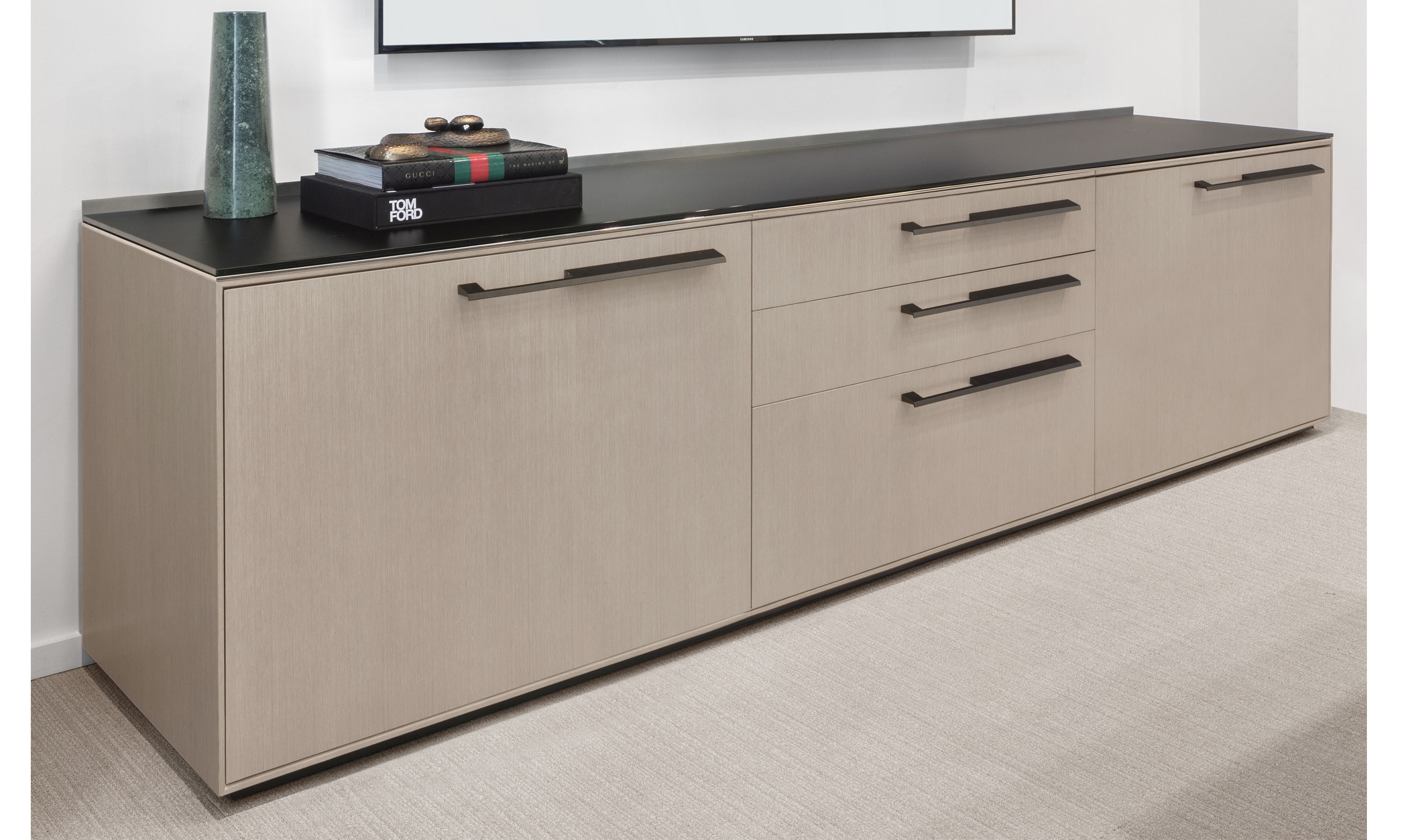 Ascari Credenza Glass Top Veneer Standard Case Metal Handle Pulls