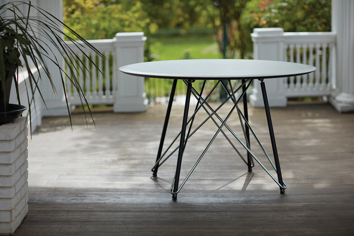 Preview of Baja | Meeting Table | Custom Veneer Top | Polished Chrome and Black Powdercoat | Wire Frame Base 