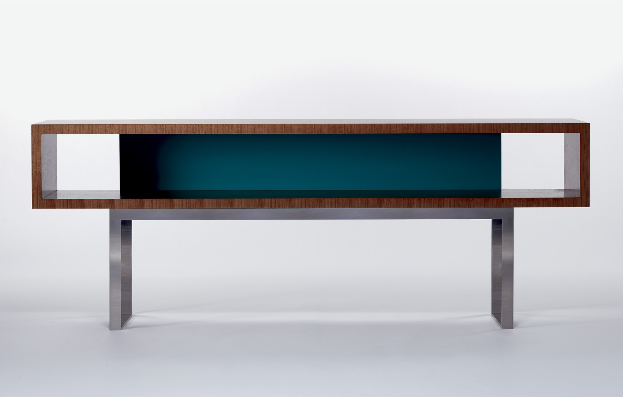 Preview of Emme | Open Console | S87 Peacock Paint | G37 Castano Walnut Veneer | Brushed Stainless Metal