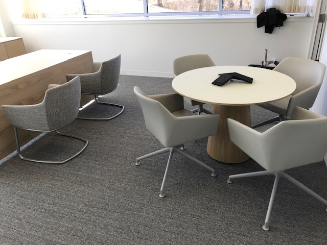 Preview of Flow | Meeting Table | Round White Satin Glass Top | Dune Veneer Cone Base