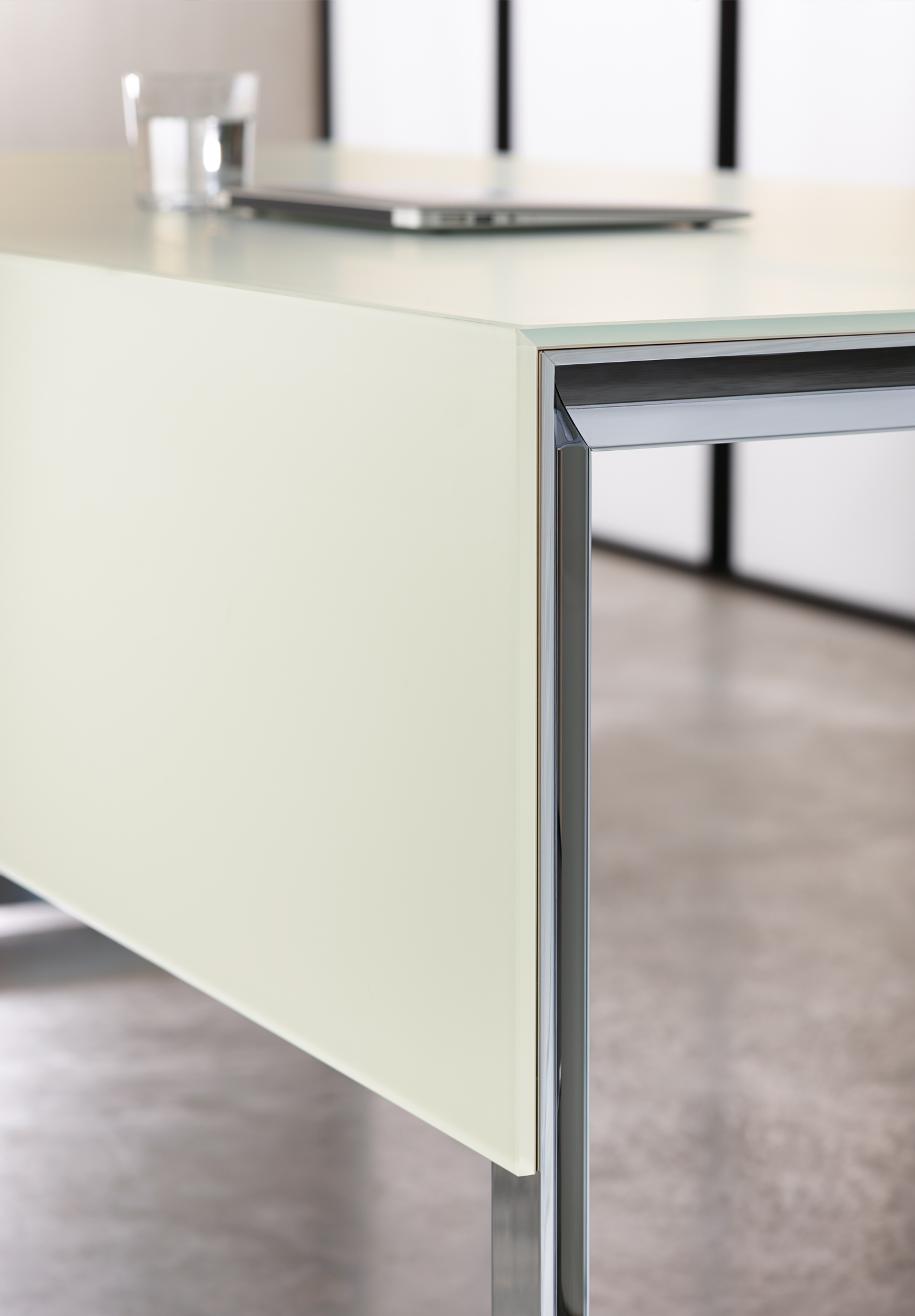 Preview of Merino | Casegood | Freestanding Desk |Meringue Satin Back-Painted Glass | Mitered Glass Corner