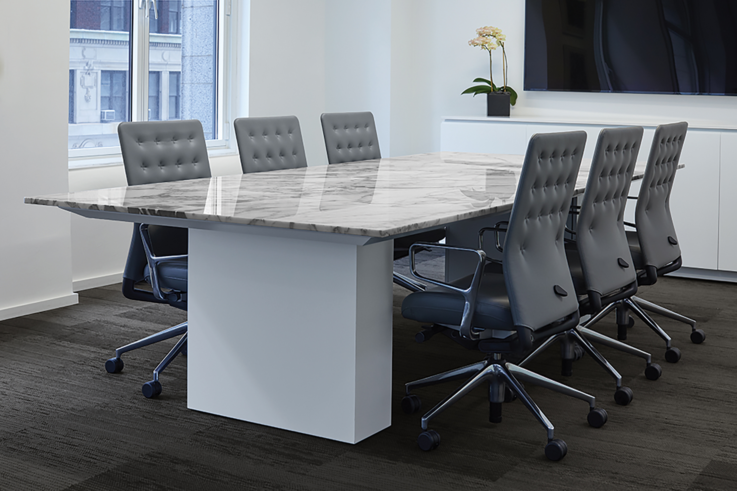 Preview of Flow | Conference Table | Rectangle Custom Stone Top | Cloud Paint Column Base | New York Showroom 