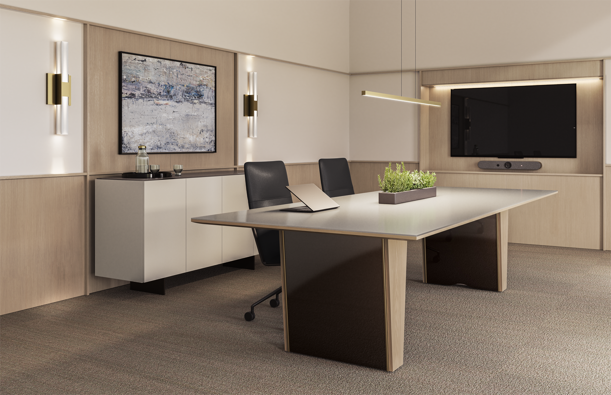 Preview of Flow | Conference Table | Glass Top | Acrylic and Veneer Tapered Base 