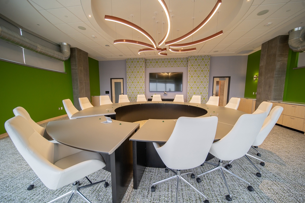 Preview of Custom | Conference Table | Custom Satin Glass Top | Onyx Veneer Base | Movable Section | Summit Credit Union 