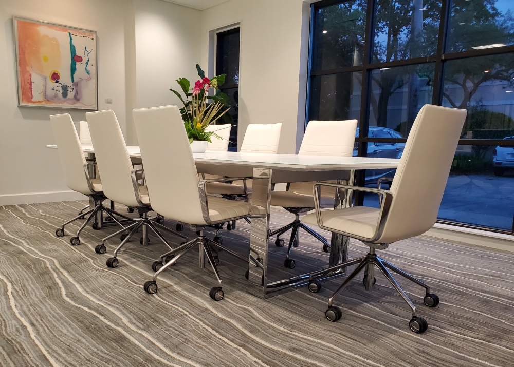 Flow Conference Table White Glass Top Polished Chrome Hoop Base