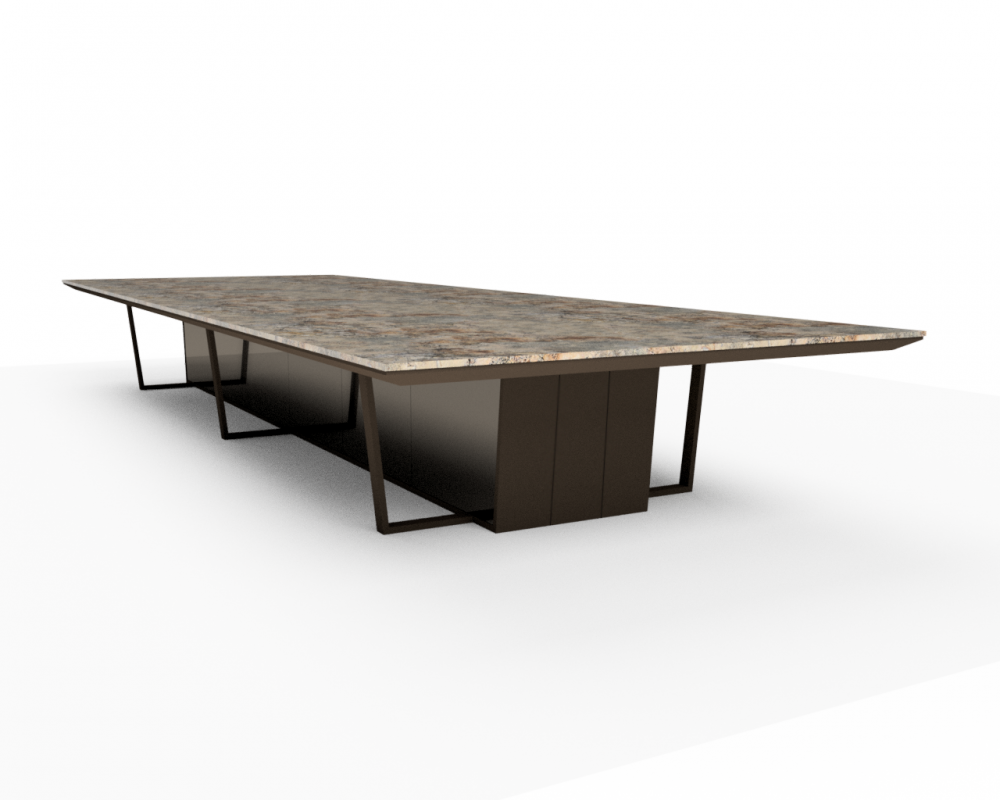 Preview of Crossbeam | Conference Table | Sienna Bordeaux Stone Top | Aged Bronze Base | Mirrored Acrylic Panels | 2 Spines - 240 x 84
