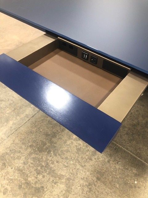 Preview of Crossbeam | Custom Conference Table | Custom Blue Glass Top | Power Drawer Detail