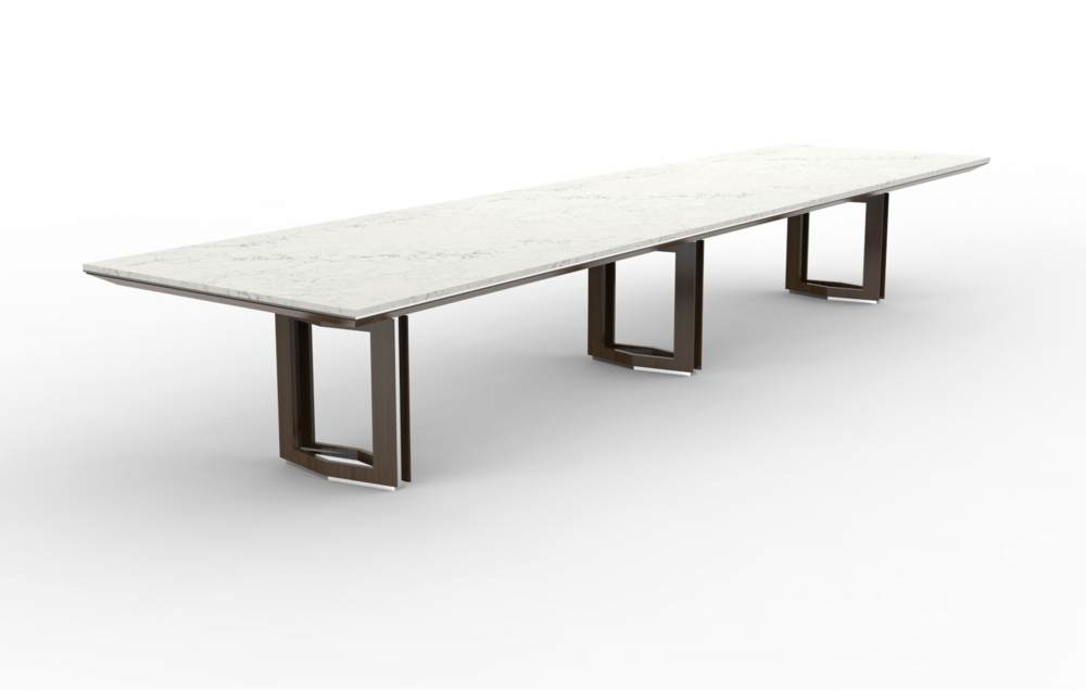 Preview of Ascari Conference | Conference Table | Carrara Marble Rectangle Top | Square Edge with Polished Chrome Detail | (3) Veneer Open Panel Bases with Polished Chrome Reveal 