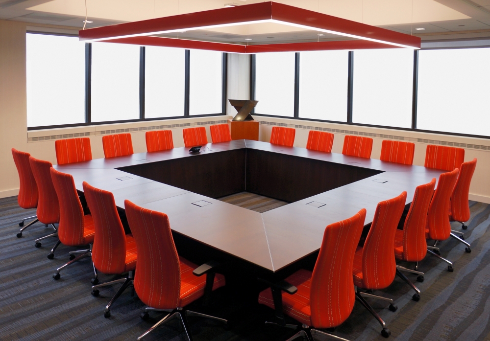 Preview of Ativa | Conference Table | M33 Mocha Walnut Veneer | Round Shape | Red Chairs