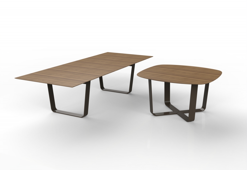 Preview of Baja | Hoop Base Tables | Walnut Veneer | Soft Square and Rectangle Shape
