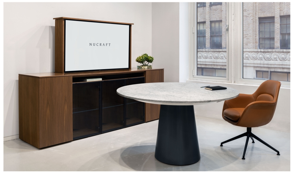Preview of Custom Flow Credenza | Round Flow Cone Table | NYC Showroom 2023 | © Colin Miller