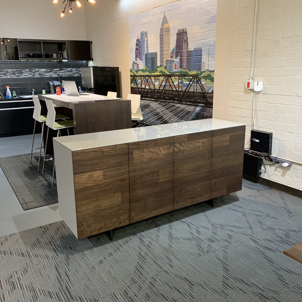 Preview of Flow Credenza | White Gloss Glass Top | Planked Veneer Case | Blade Base | RS Reps Showroom