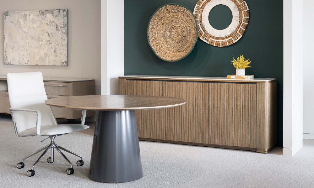 Preview of Flow | Meeting Table | Round Veneer Top | Painted Cone Base | Compatta Credenza | 2023 Chicago Showroom