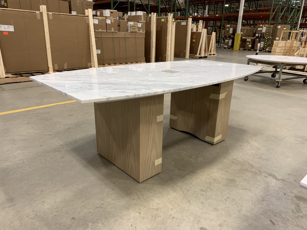 Preview of Flow | Conference Table | Boat Shaped Carrara Marble Top | Dune Veneer Column Base | Manufacturing 