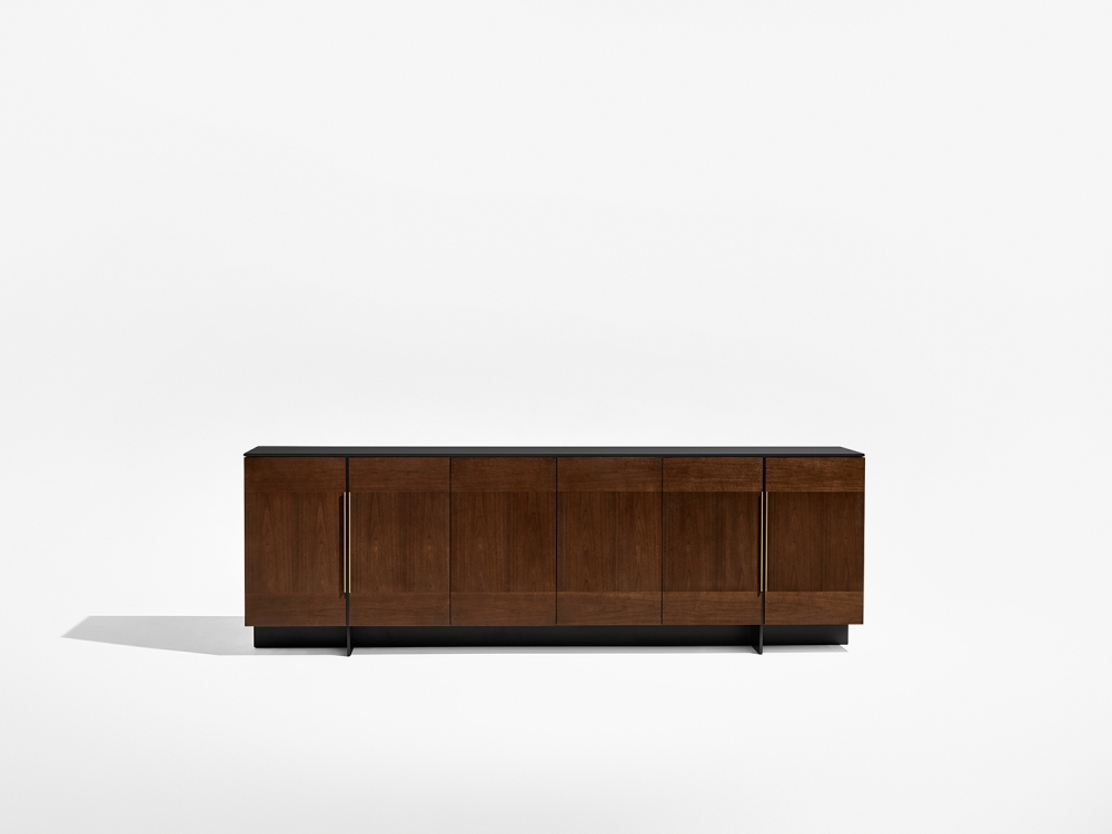 Preview of Forena | Buffet Height Credenza | M33 Mocha Walnut Veneer | Black Satin Etched Glass Top