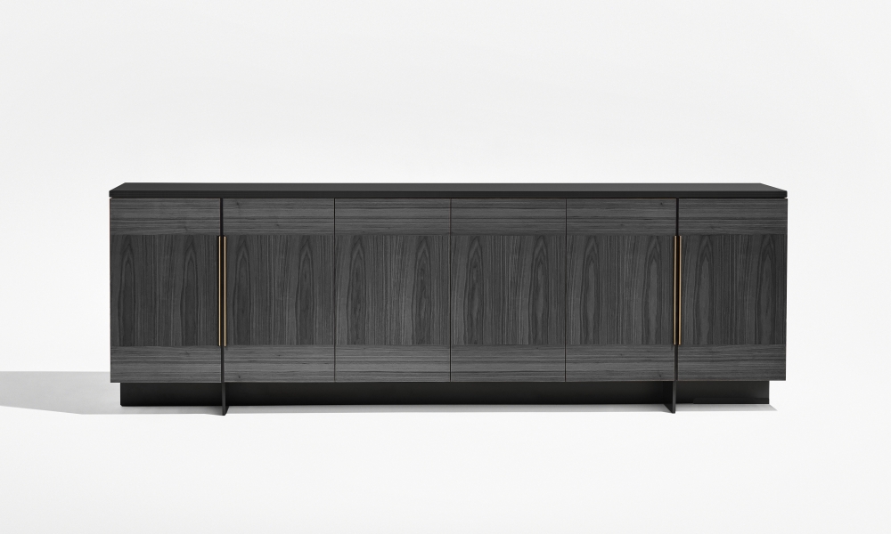 Preview of Forena | Buffet Height Credenza | Char Ash Veneer Doors (Combination Layup) | Black Glass Top | Bronze Pulls 