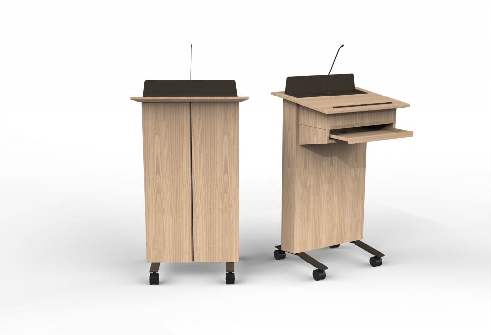 Preview of High Tech Lectern | Column Lectern | Dune Veneer | Storm Powdercoat | Front and Back 
