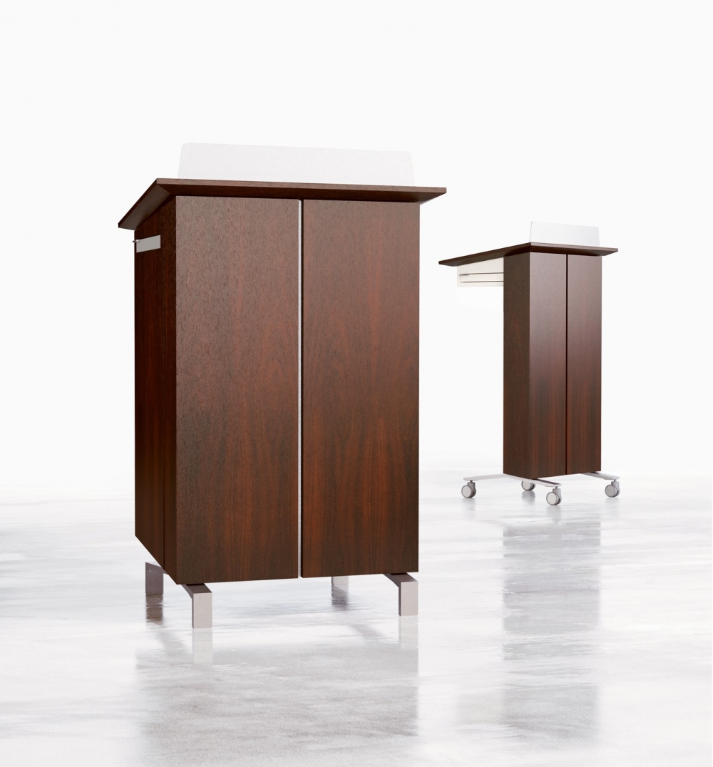 Preview of High Tech Lectern | Case and Column | G25 Natural Walnut Veneer | Clear Anodized Glides and Casters