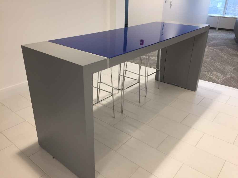 Preview of Tesano | Community Table | Custom | Gray Laminate | Blue Glass Top