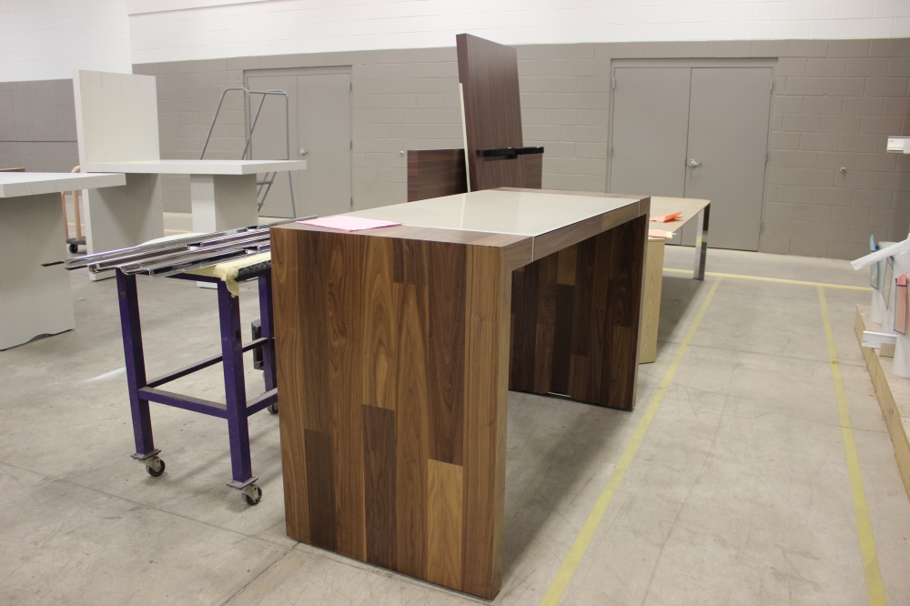 Preview of Tesano | Community Table | Planked Veneer Base | Glass Top | Standing Height Table