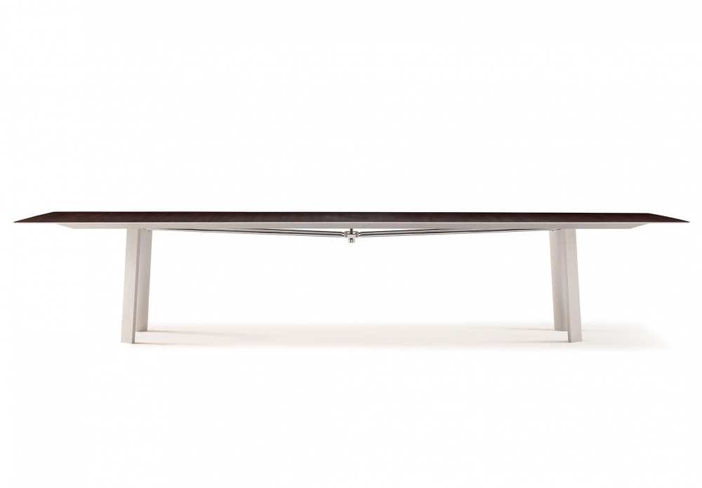 Preview of Kai | Conference Table | M26 Walnut Veneer Top | Clear Anodized Metal Legs | Polished Chrome Camber Rail