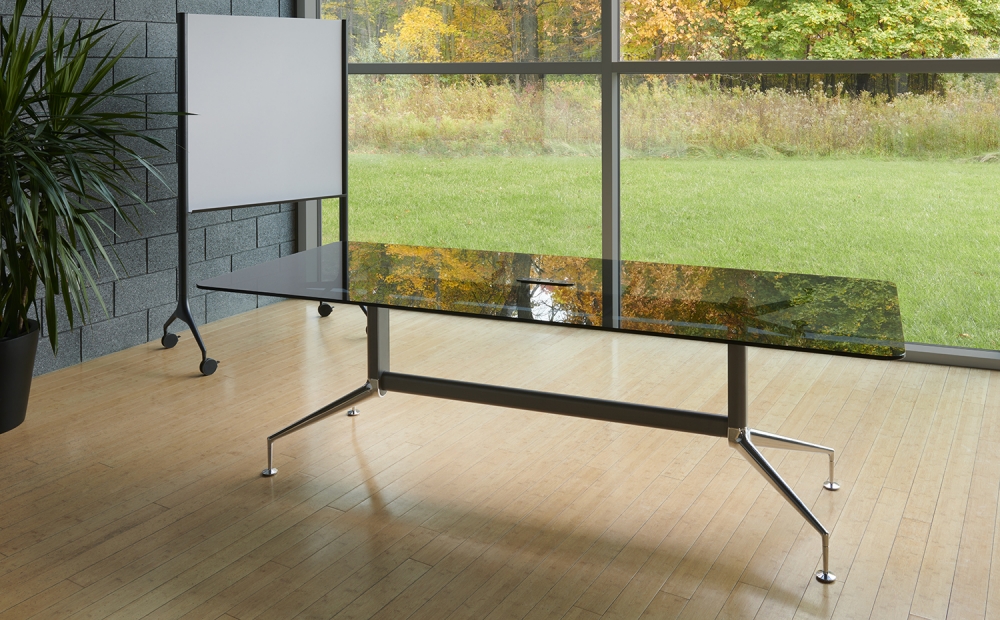 Preview of MYNE | Meeting Table | Smoked Glass Top | Storm Powdercoat Base | Polished Chrome Glides | MYNE Marker Board