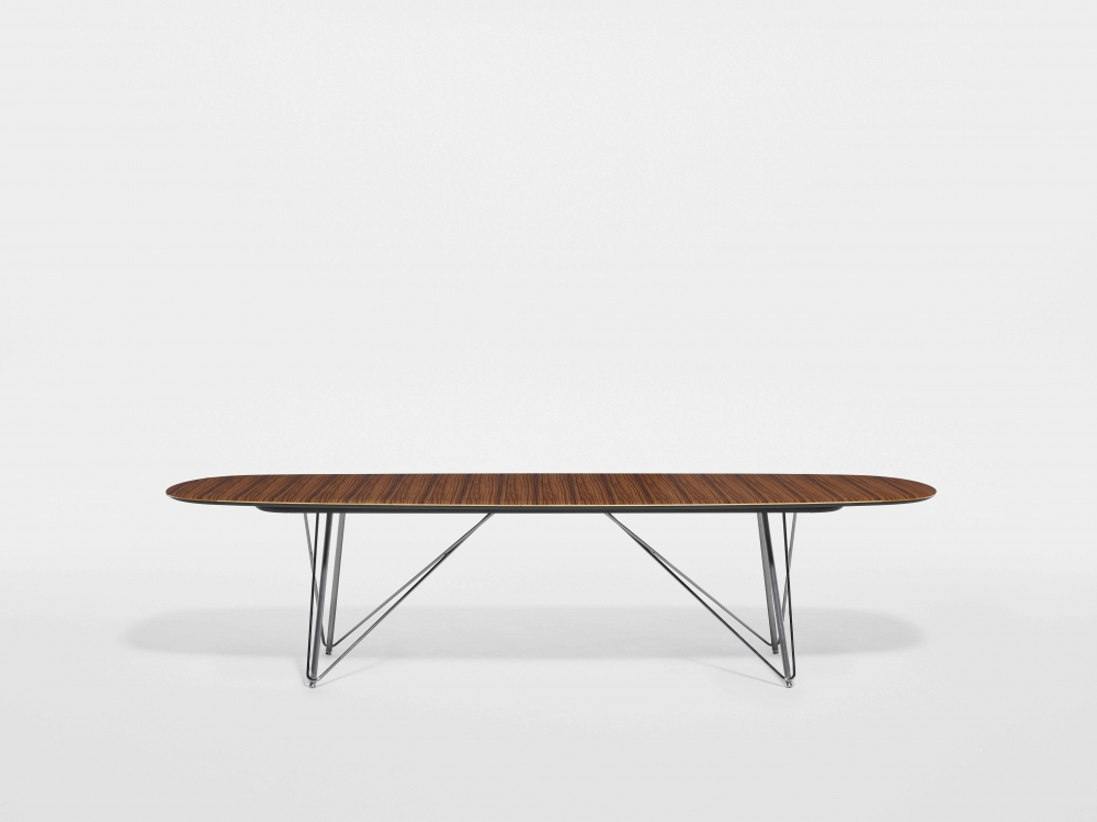 Preview of Baja | Conference Table | Soft Rectangle Paldao Veneer Top | Polished Chrome Wire Frame Base