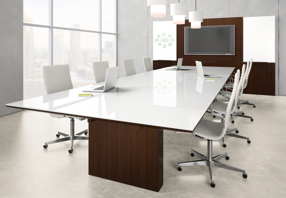 Preview of Neos | Conference Table | Rectangle WS White Satin Glass Top | Mocha Walnut Panel Base 