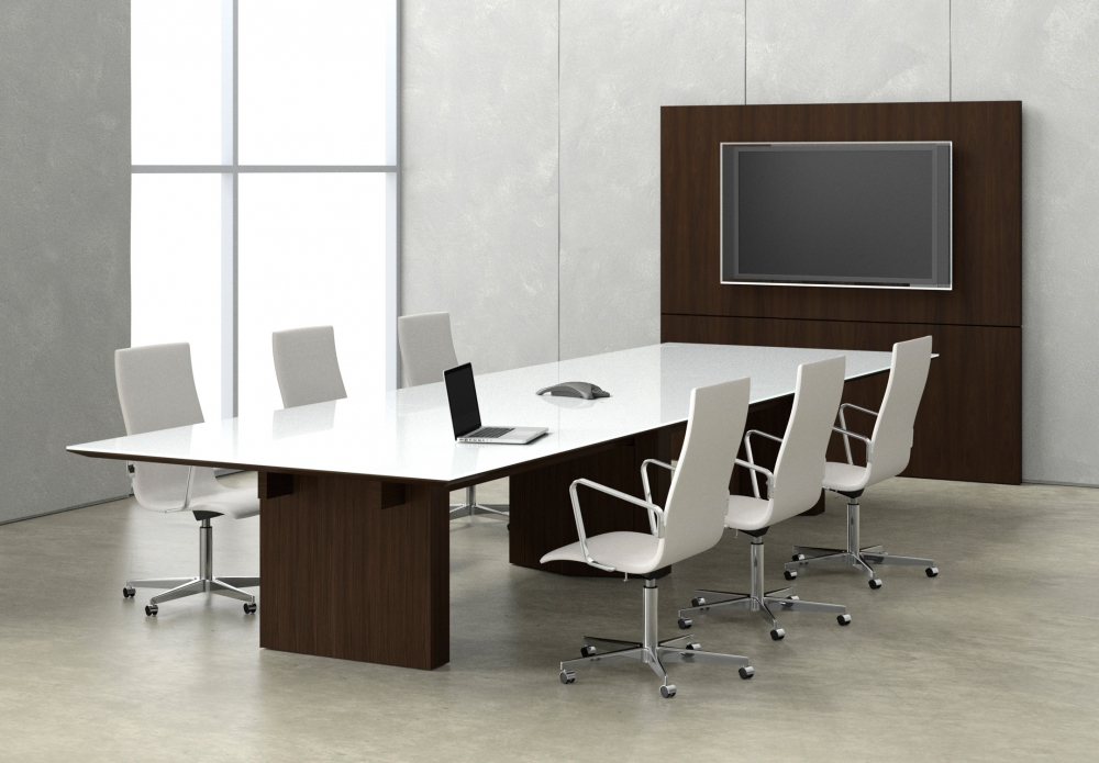 Preview of Neos | Conference Table | Rectangle WS White Satin Glass Top | Mocha Walnut Panel Base | Angled View