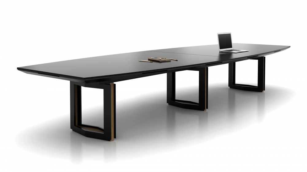 Preview of Ascari | Conference Table | Boat Shape Satin Black Glass Top | Black Powder Coat Open Panel Base | Canyon Paldao Base Reveal