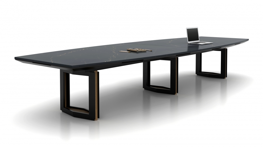 Preview of Ascari | Conference Table | COM Stone Boat Shape Top | Black Powder Coat Open Panel Base with Canyon Paldao Veneer Base Reveal 