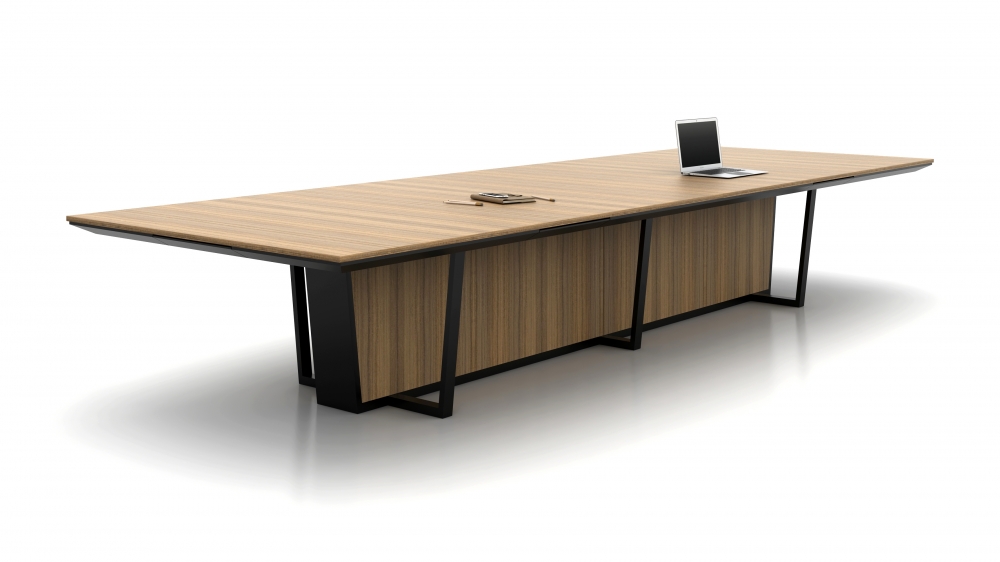 Preview of Crossbeam | Conference Table | Canyon Paldao Veneer Top and Base Panels | Black Powder Coat Base | Power Drawers