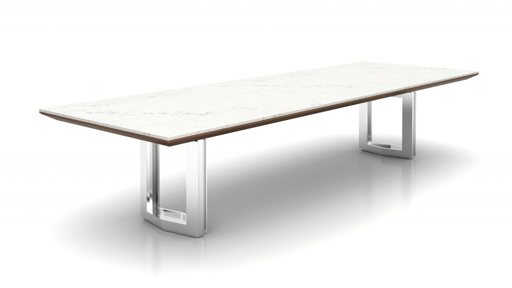 Preview of Ascari Conference | Custom Conference Table | Carrara Marble Rectangle Top | Square Edge with veneer subtop | Polished Chrome Open Panel Base with Polished Chrome Reveal 