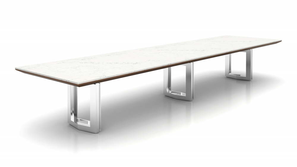 Preview of Ascari Conference | Custom Conference Table | Carrara Marble Rectangle Top | Square Edge with veneer subtop | (3) Polished Chrome Open Panel Base with Polished Chrome Reveal 