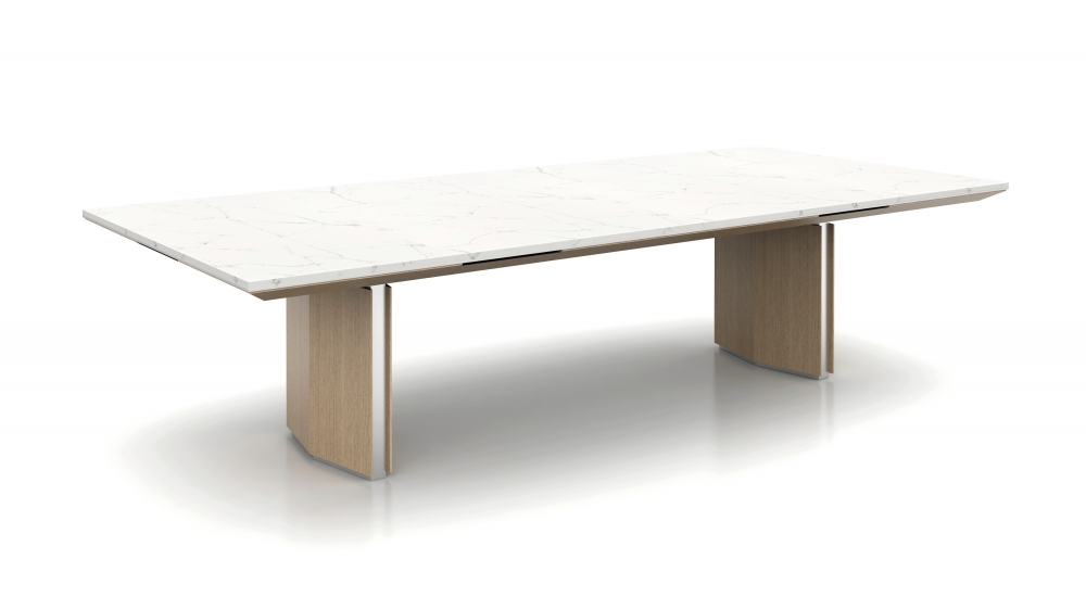 Preview of Ascari | Conference Table | Stone Top | Dune Veneer Closed Panel Base with Polished Chrome Reveal | Power Drawer