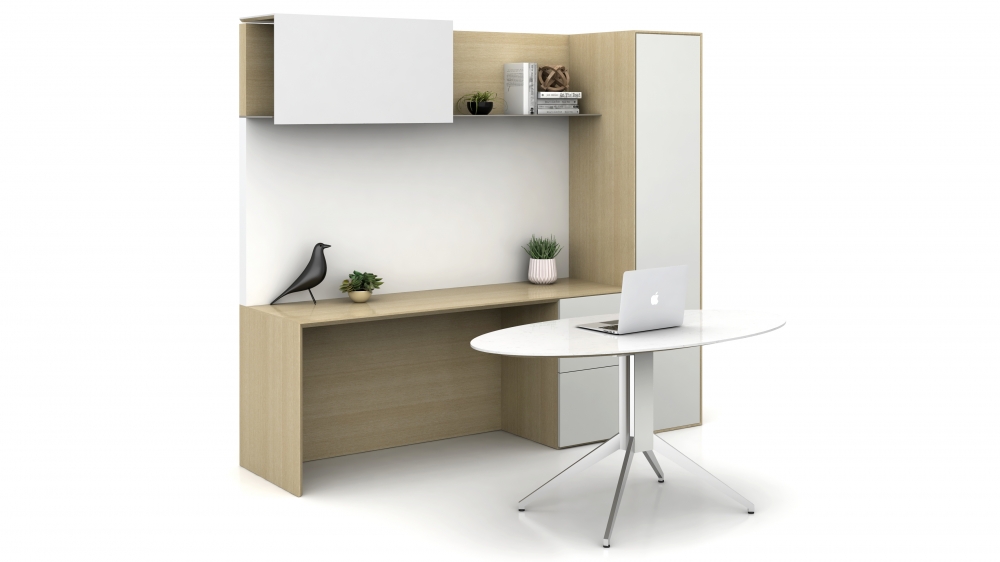 Preview of Merino | Casegood | Freestanding Configuration | Ellipse Table Desk | Freestanding Credenza | Overhead | Tower | Euro Birch Linea | Moonlight Paint