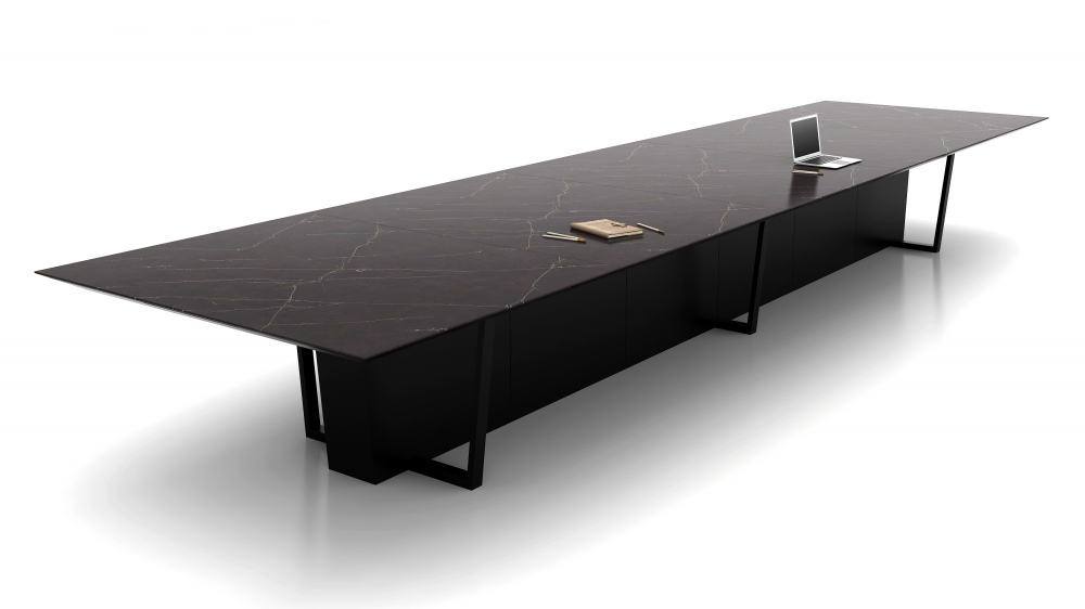 Preview of Crossbeam | Conference Table | 240” L x 60” W | COM Stone Top | Black Powder Coat Base | Black Painted Base Panels | Power Drawers