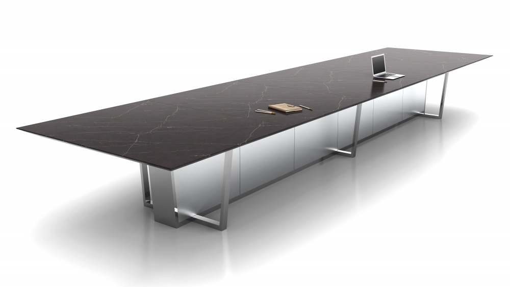 Preview of Crossbeam | Conference Table | COM Stone Top | Polished Chrome Base | Chemetal Center Base | 240” L x 60” W
