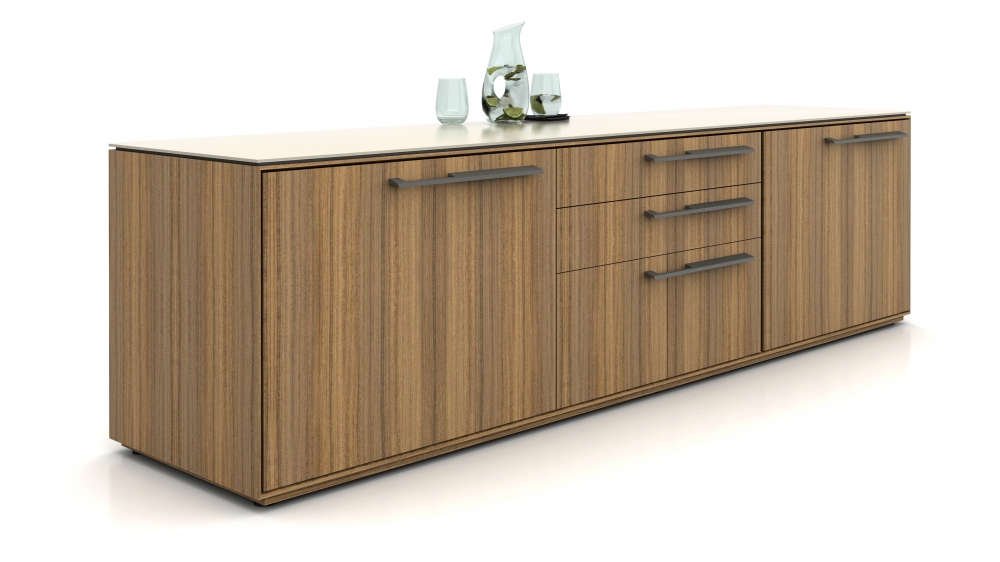 Preview of Ascari Credenza | Conference Height | Canyon Paldao Veneer | Glass Top | Storm Powder Coat Handle Pulls