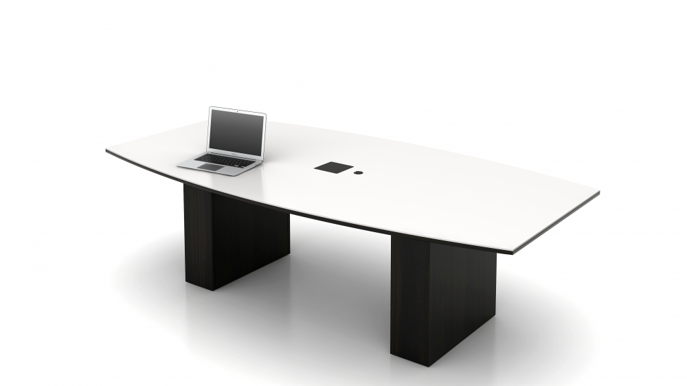 Preview of Flow | Conference Table | 96” Boat Shape White Glass Top | Onyx Veneer Rectangle Base 