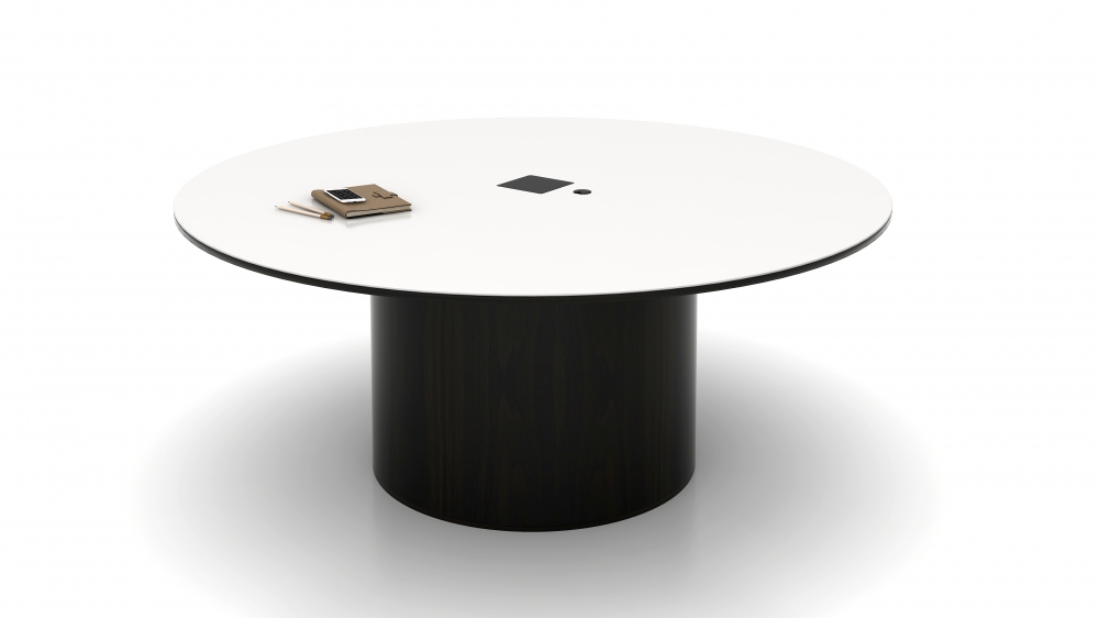 Preview of Flow | Meeting Table | 72” Round Glass Top | Onyx Veneer Cylinder Base
