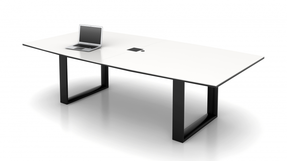 Preview of Flow | Conference Table | 108” White Glass Boat Shape Top | Black Powder Coat Hoop Base 