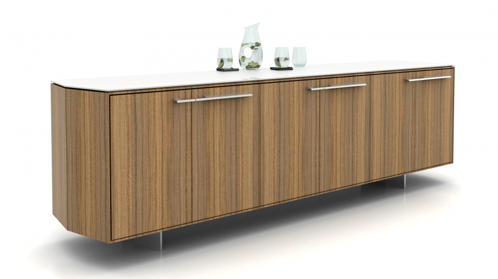 Preview of Ascari | Credenza | Canyon Paldao Veneer | White Glass Top (Chamfer Edge) | Polished Chrome Pulls and Base 
