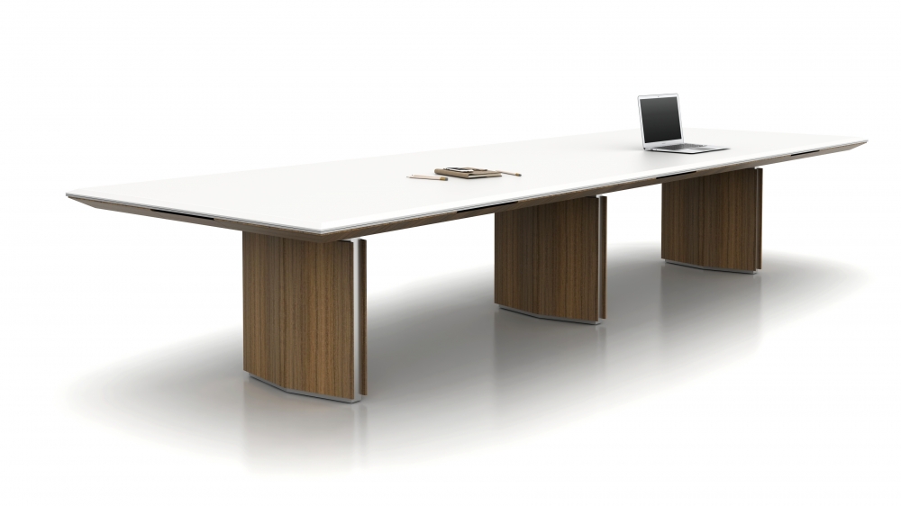 Preview of Ascari | Conference Table | White Glass Rectangle Top (Chamfer Edge) | Canyon Paldao Closed Panel Base with Polished Chrome Reveal
