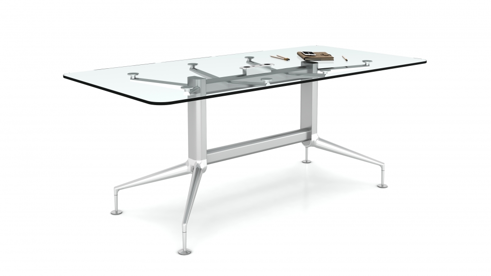 Preview of MYNE | Conference Table | Clear Glass Top | Foil Powder Coat Base | Polished Chrome Feet