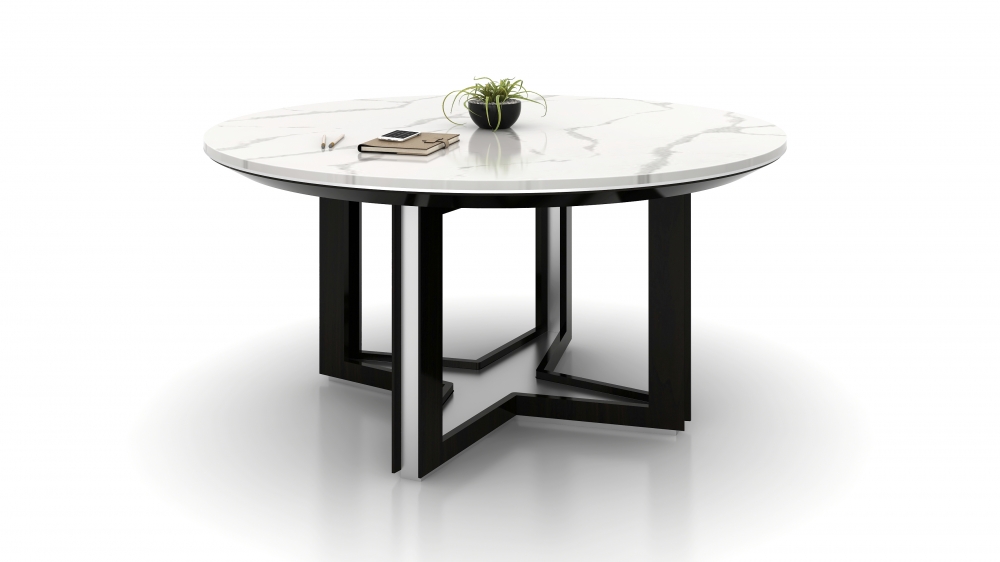 Preview of Ascari Conference | Round Cambria Top Table (custom) | Onyx Walnut Open Panel X Base | Polished Chrome Base Reveal
