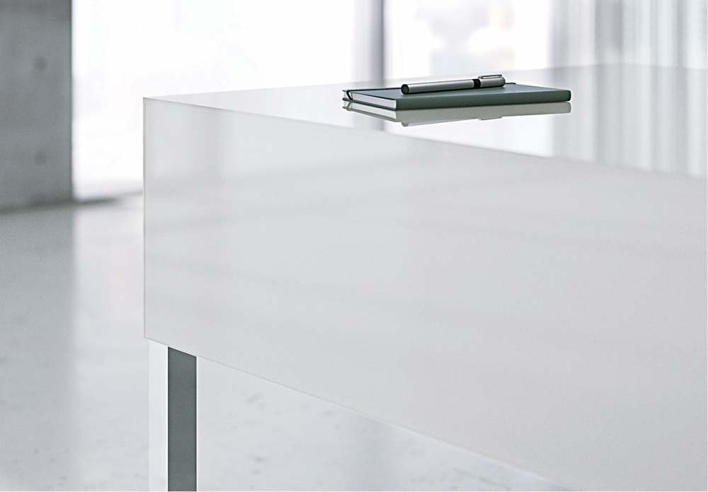 Preview of Merino | Casegood | White Backpainted Glass | Free Standing Desk | Mitered Corners