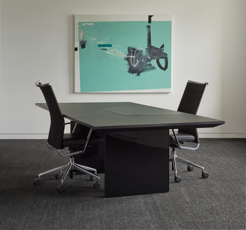 Preview of Tavola | Conference Table | Custom | Black Satin Glass Top | Black Anodized Metal | Showroom 