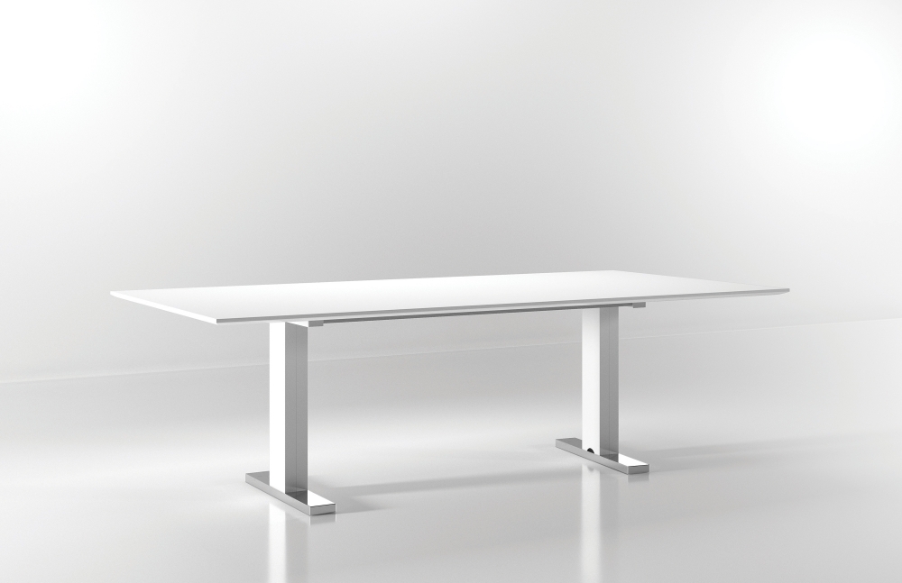Preview of Flow | Conference Table | White Glass Top | Foil Powdercoat T Base |  Chrome Foot | 96” x 48” Size